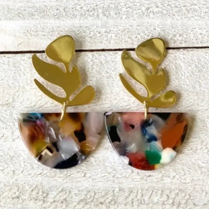 Earrings | Mini Half Moon Acetate with Gold Plated Leaf Stud