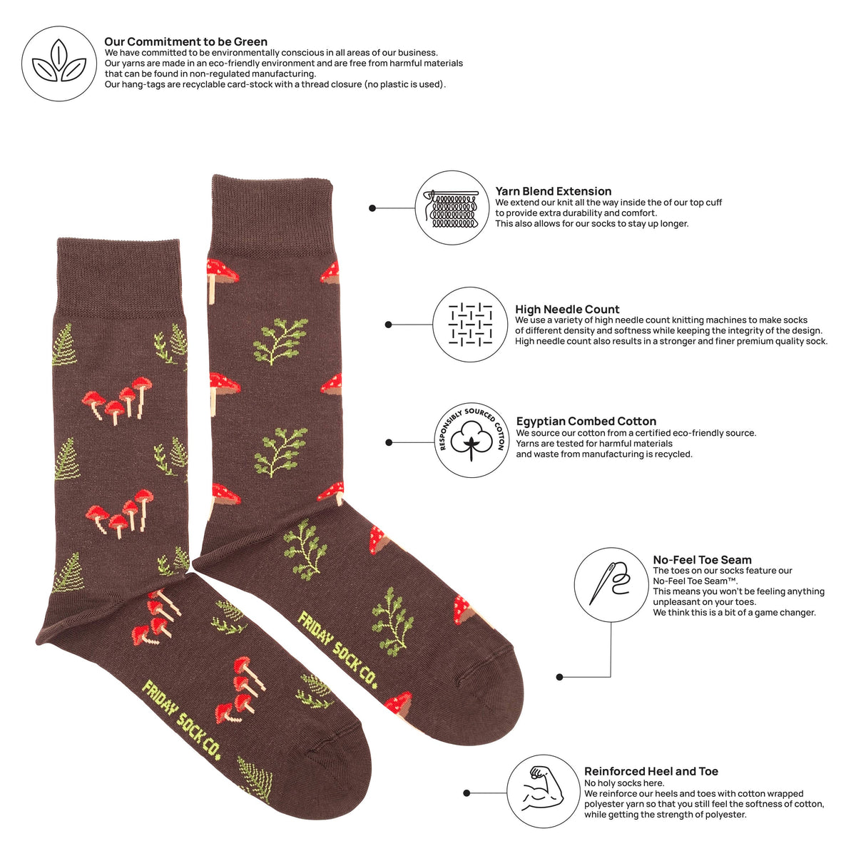 Friday Sock Co. - Men's Mushroom Forest Mid-Calf Socks- Colorful Gift Idea