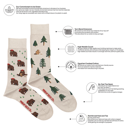 Friday Sock Co. - Men's Bear in Hat and Trees Mid-Calf Socks - Fun Outdoor