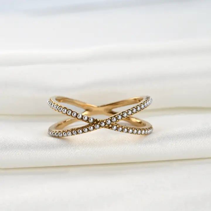 Blueyejewellery - Pave Pearl Criss Cross Ring