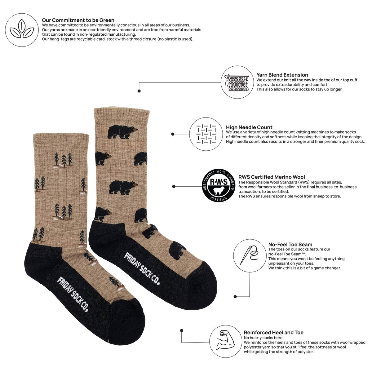 Friday Sock Co. - Women's Bear & Tree Merino Wool Socks - All-Season Comfort