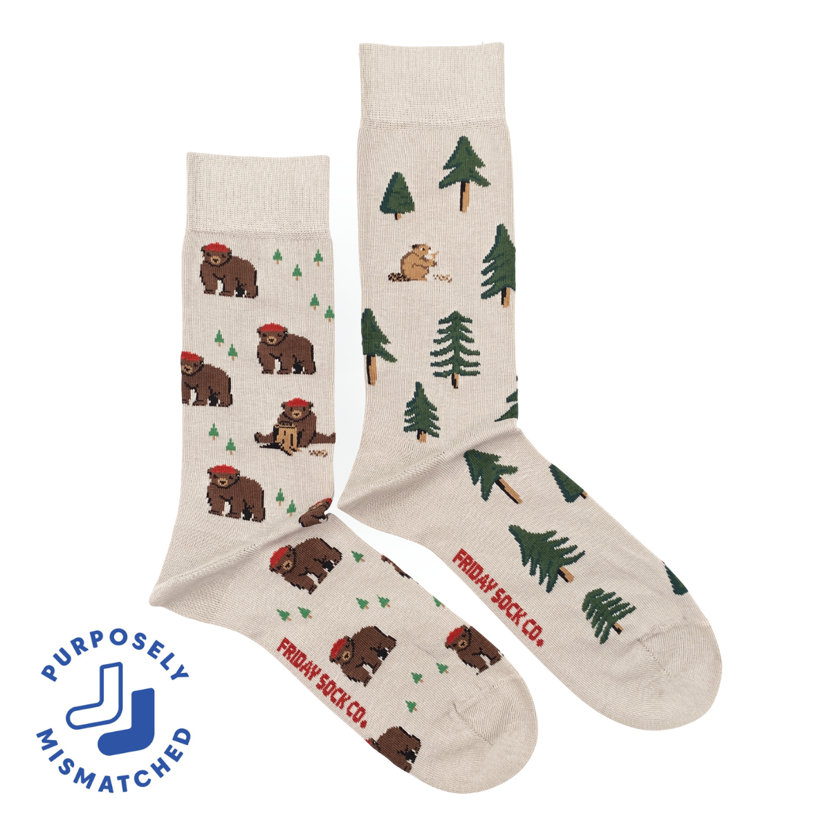 Friday Sock Co. - Men's Bear in Hat and Trees Mid-Calf Socks - Fun Outdoor
