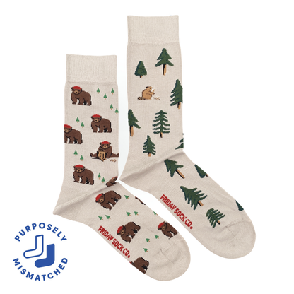 Friday Sock Co. - Men's Bear in Hat and Trees Mid-Calf Socks - Fun Outdoor