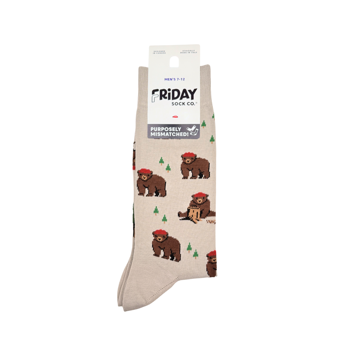 Friday Sock Co. - Men's Bear in Hat and Trees Mid-Calf Socks - Fun Outdoor
