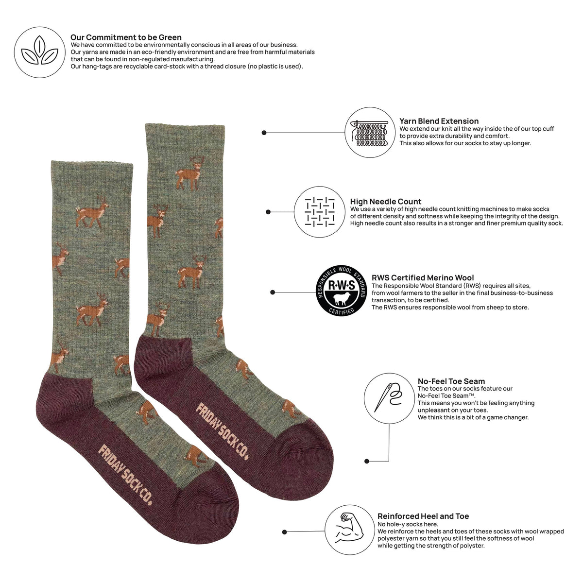 Friday Sock Co. - Men's Deer Merino Wool Socks - Breathable Fit: Men's 7 - 12