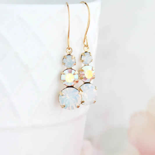 Vintage Glass Earrings - Three Jewel - White Opal Glass