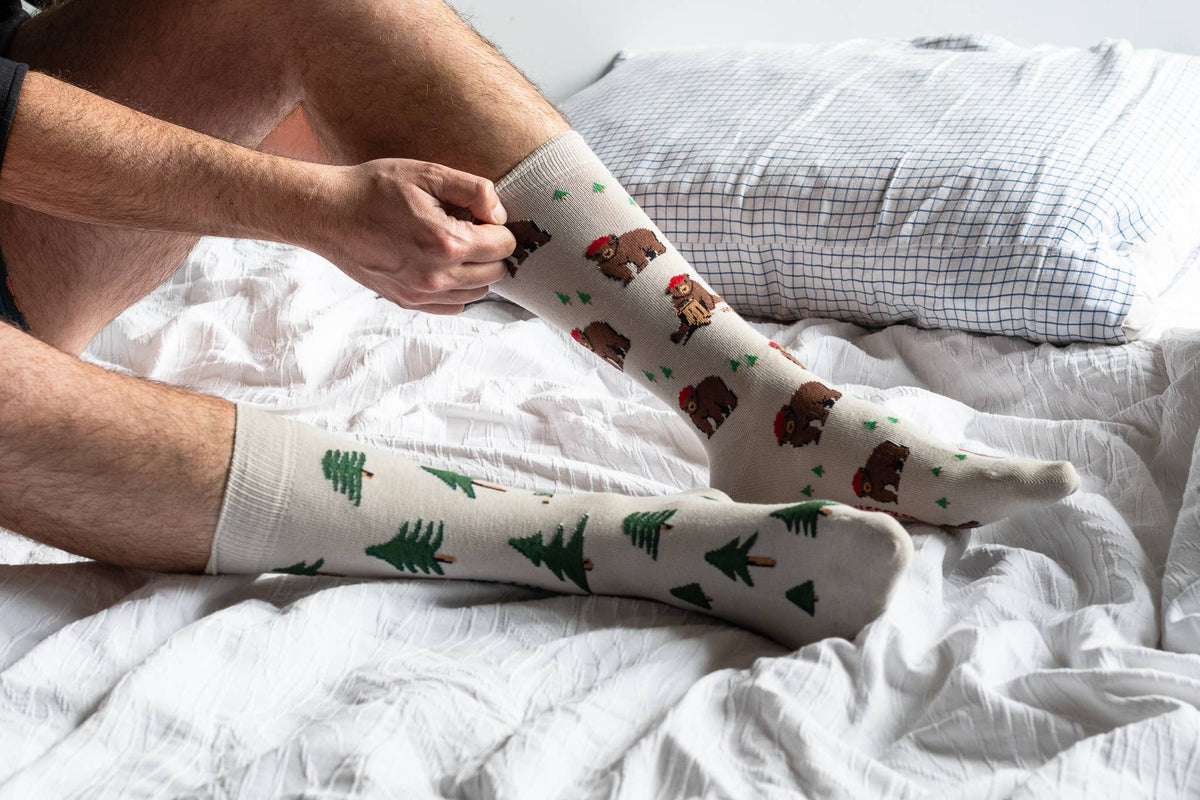 Friday Sock Co. - Men's Bear in Hat and Trees Mid-Calf Socks - Fun Outdoor