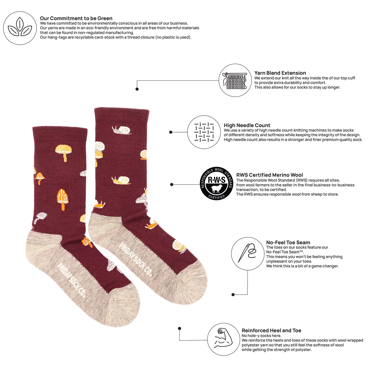 Friday Sock Co. - Women's Mushroom Merino Wool Socks - Comfy Hiking Socks