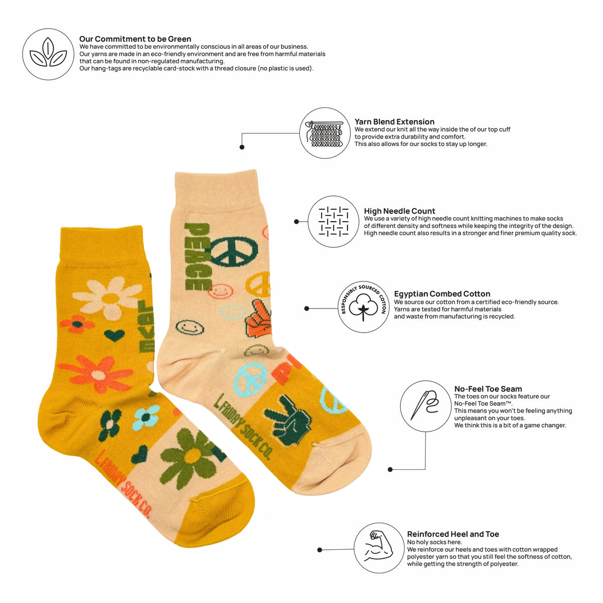 Friday Sock Co. - Kid's Peace and Love Crew Socks - Fun Patterns for Kids: Large (Age 8-12)