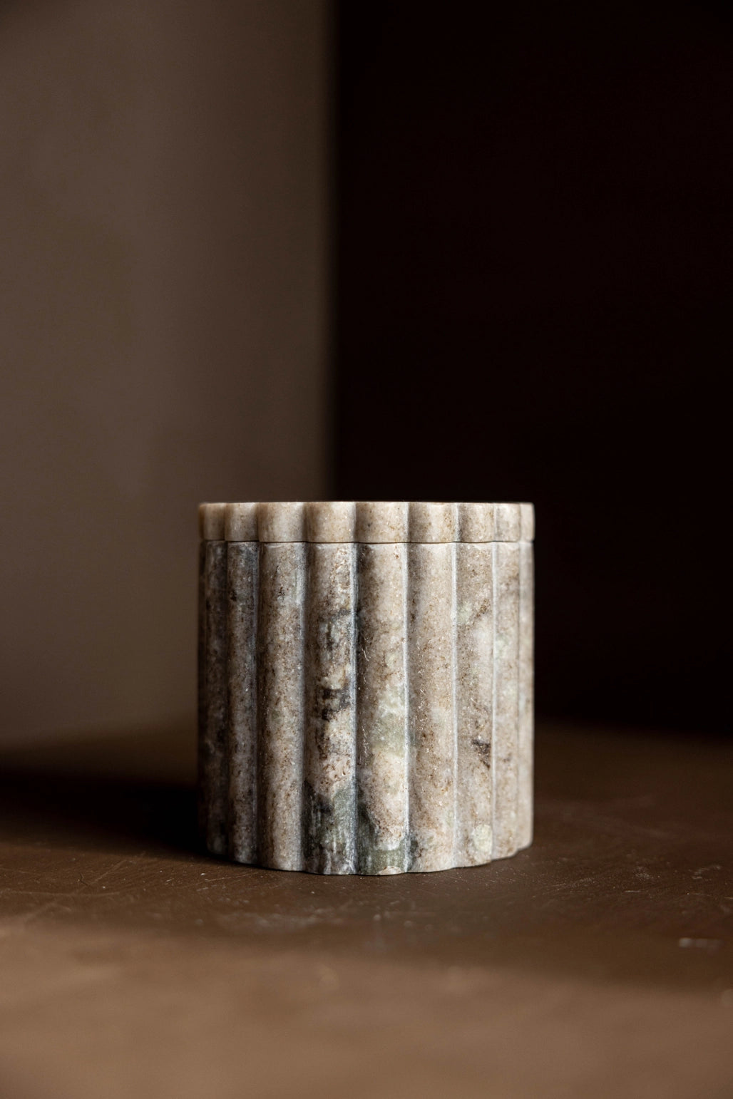 Beige Gray Marble Fluted Jar by Luxe B Co