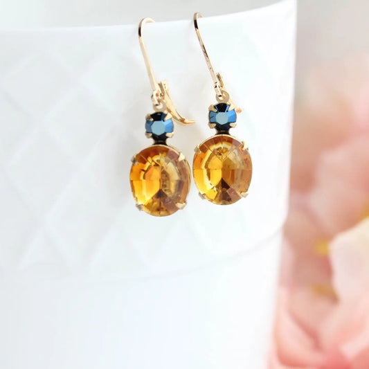 Oval Drop Earrings - Vintage Glass - Topaz and Navy Blue