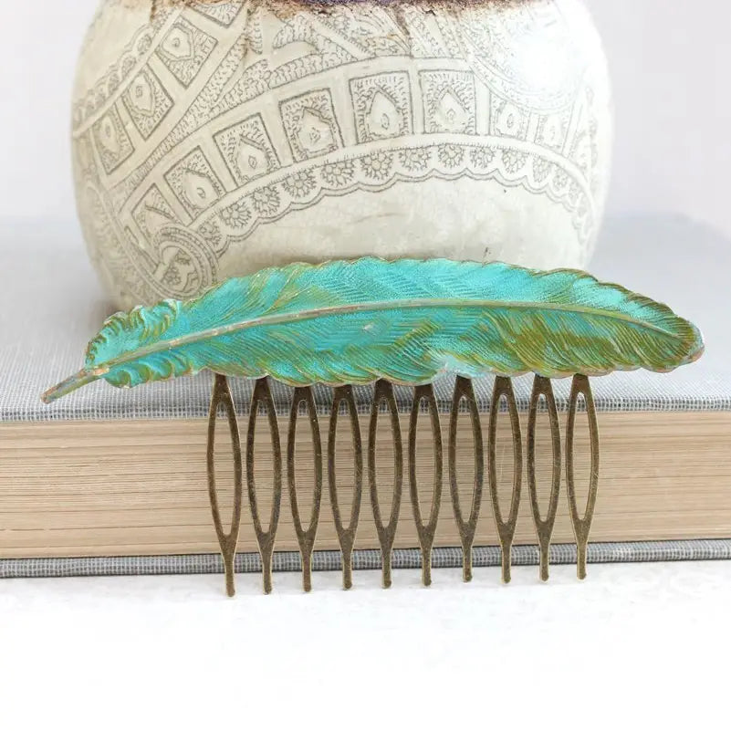 Big Feather Hair Comb - Verdigris Patina